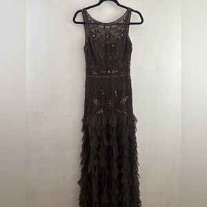 Sue Wong Silk brown Evening Gown Lace Pattern Ruffle, Beaded size 6